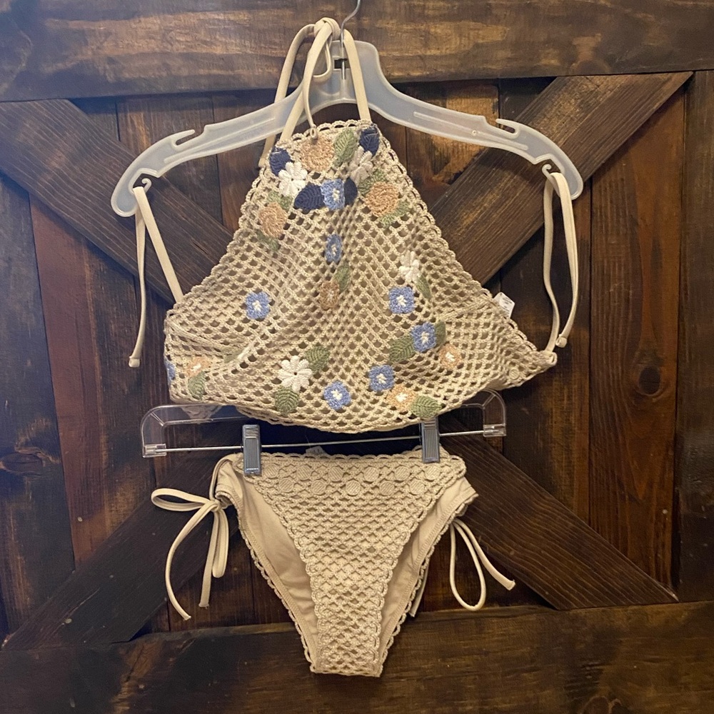 Crochet Halter Bikini Set with Floral Accents Two Piece Festival Boho Swimsuit
